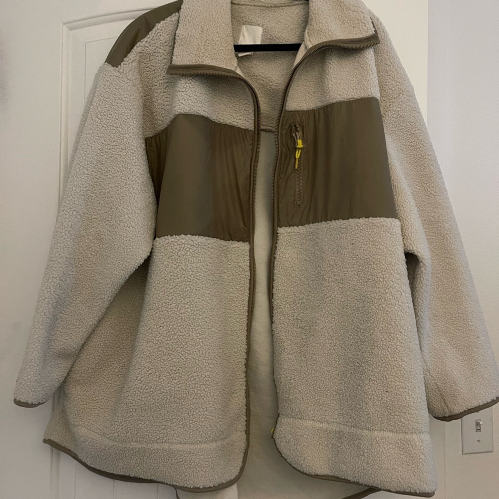 H&M Teddy Fleece Jacket in Cream with Olive Panels